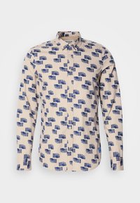 Langærmet skjorte med knapper i lys beige med et blåt geometrisk mønster. Fremstillet af letvægtsstof med krave og regular-fit design.