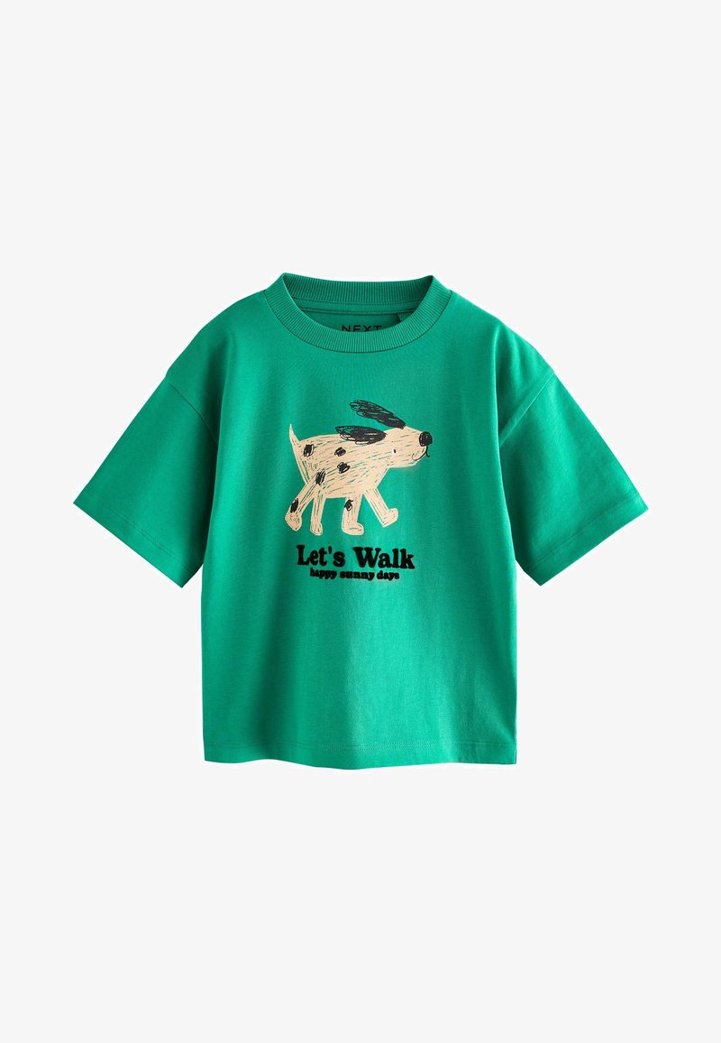 Green short-sleeve t-shirt with a walking dog illustration and the text "Let's Walk happy sunny days" on the front.