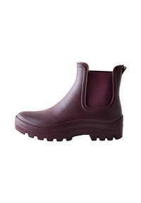 Bottines en caoutchouc bordeaux avec des panneaux latéraux texturés, semelle épaisse et motif de bande de roulement robuste pour une bonne adhérence. Goring élastique pour un enfilage facile.