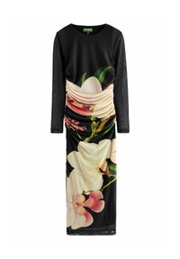 Czarna sukienka z długim rękawem i kwiatowym wzorem. Posiada marszczoną fakturę w talii oraz gładką sylwetkę. Wykonana z lekkiego materiału.