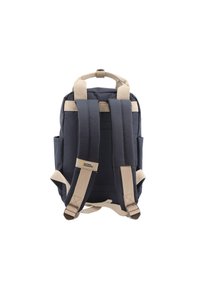 Navy blue backpack with tan straps, made of durable fabric; features padded back and adjustable shoulder straps; logo patch visible.