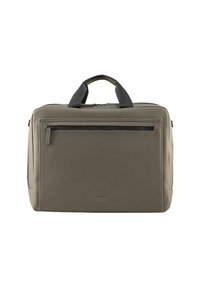 Graue Laptop-Tasche mit schwarzen Akzenten, glatter Textur, mit Reißverschluss versehenes Vordertasche, zwei obere Tragegriffe und minimalistisches Design.