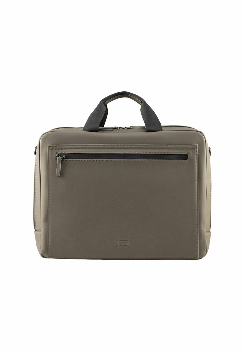 Graue Laptop-Tasche mit schwarzen Akzenten, glatter Textur, mit Reißverschluss versehenes Vordertasche, zwei obere Tragegriffe und minimalistisches Design.