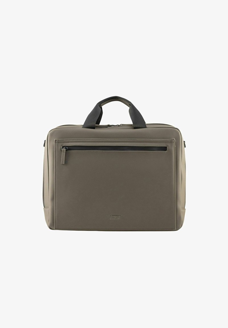 Graue Laptop-Tasche mit schwarzen Akzenten, glatter Textur, mit Reißverschluss versehenes Vordertasche, zwei obere Tragegriffe und minimalistisches Design.