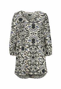 Lettet langærmet tunika med blomstret sort, blå og creme mønster, rund halsudskæring og buet kant.