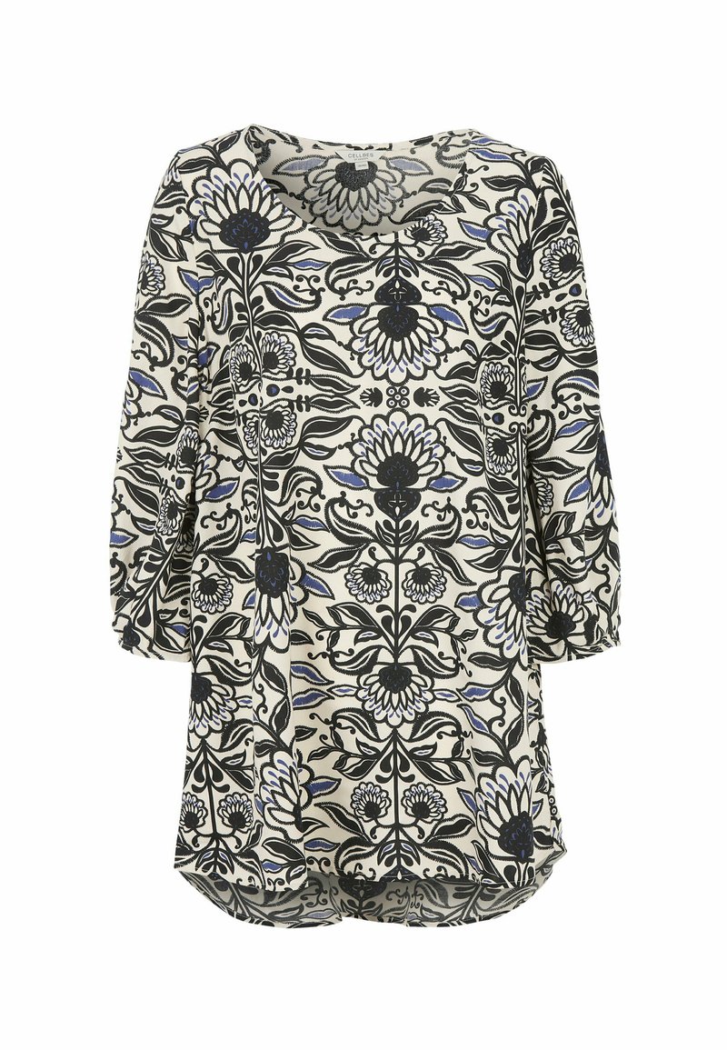 Lettet langærmet tunika med blomstret sort, blå og creme mønster, rund halsudskæring og buet kant.