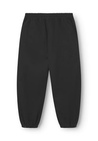 Sorte, lette joggebukser med elastisk talje, sammensnørede manchetter og glat tekstur. Ingen synlige mønstre eller metaldele.
