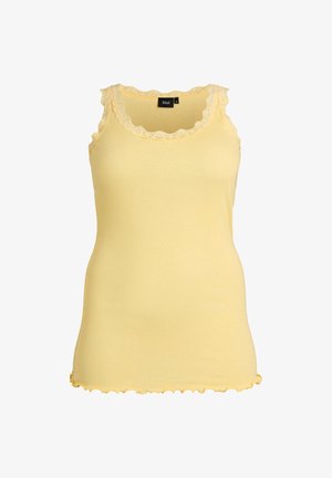 Hihaton keltainen ribbineulottu toppi, joka on koristeltu pitsillä pääntiellä ja kainaloaukkojen reunoissa, sekä aaltoilevalla helmalla, koko medium.