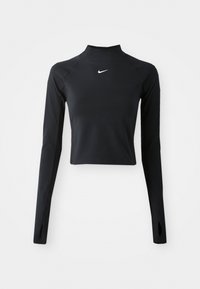 Schwarzes langärmliges Cropped-Top aus dehnbarem Material, mit hohem Kragen, schlankem Design und kleinem weißen Nike-Logo auf der Brust.