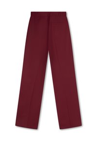 Bordeauxkleurige broeken met een rechte snit, rechte voorkant, zijzakken en een enkele achterzak. Glad stof met een subtiele textuur.