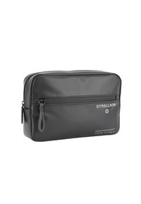 Borsa da toilette rettangolare nera realizzata in nylon testurizzato, dotata di una tasca frontale con zip, logo del marchio e dettagli in corda sulla zip.
