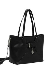 Borsa tote in pelle nera con doppi manici superiori, fibbia decorativa e tracolla staccabile; presenta un design elegante e strutturato.