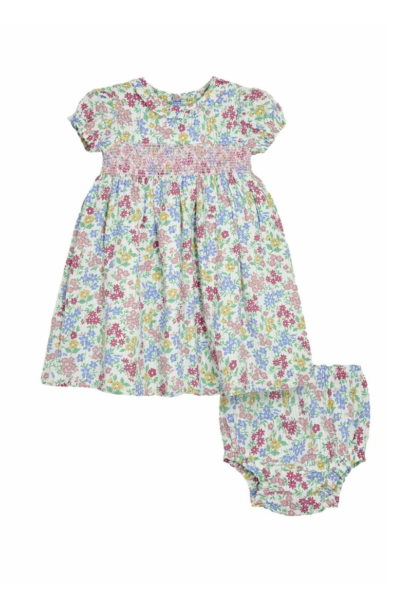 Set s haljinom s cvjetnim uzorkom koja sadrži gumirani bodice, kratke rukave i odgovarajuće pelene. Izrađena od lagane, mekane tkanine s višebojnim uzorkom.