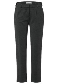 Harmaat räätälöidyt housut suoran lahkeiden muotoilulla, valmistettu teksturoidusta kankaasta. Ominaisuuksia ovat tasainen etuosa ja vyölenkit vyötäröllä.