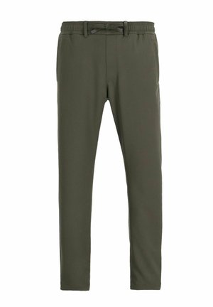 Dunkelgrüne Slim-Fit-Hosen mit elastischem Bund und Kordelzug, ausgestattet mit seitlichen Taschen und Gürtelschlaufen.