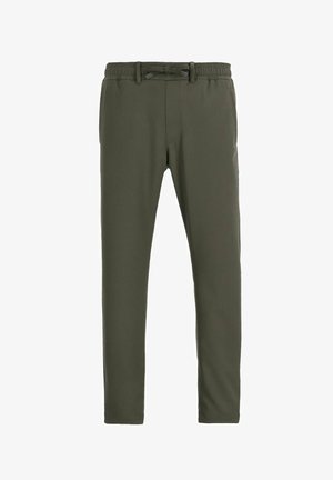Dunkelgrüne Slim-Fit-Hosen mit elastischem Bund und Kordelzug, ausgestattet mit seitlichen Taschen und Gürtelschlaufen.