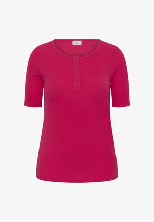 Short-sleeve magenta ribbed shirt with round neckline and four small buttons on front placket.