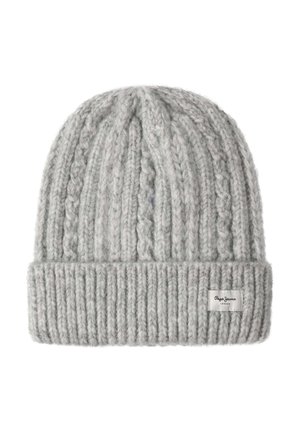 Cable-knit gray beanie hat with a folded ribbed cuff; made of thick yarn, features a small brand tag on the side.
