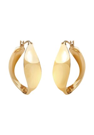 Pendientes de aro de oro en forma de lágrima con una superficie lisa y reflectante y un cierre de bisagra. Presentan un diseño curvado para un aspecto moderno.