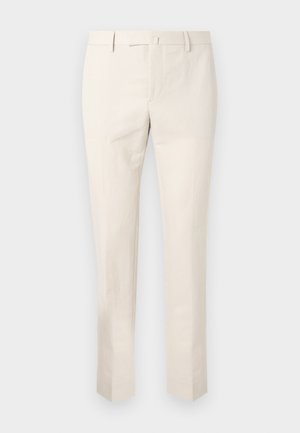 Chinos beige clair en coton, dotés d'une taille plate, de passants de ceinture et de poches latérales. Design à jambes droites avec une texture lisse.