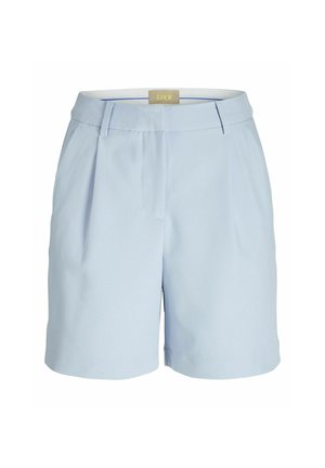 Light blue tailored shorts with a flat front, pleats, side pockets, and a smooth texture. Features a waistband with a brand label.