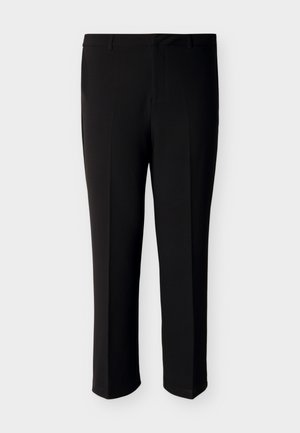 Schwarze, maßgeschneiderte Hose aus glattem Stoff, mit geradem Schnitt, zwei Vordertaschen und schlichtem Bunddesign.