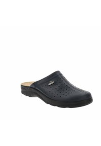 Zoccoli blu navy con design perforato, suola in gomma nera e fodera naturale. Punta arrotondata e slanciata con accentuazione del logo.