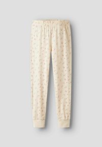 Cremefarbene Hose mit floralem Muster in Rosa und Grün. Elastischer Bund und eng anliegende Bündchen. Weicher, leichter Stoff.