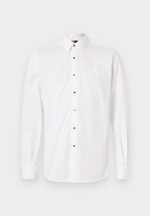 White long-sleeve button-up shirt featuring a classic collar, small square buttons down the front, and cuffs with button closures.