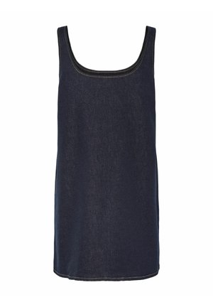 Mørkeblå denim tanktop med rund halsudskæring og symmetriske skulderstropper. Stoffet har en glat overflade med synlige sømme.