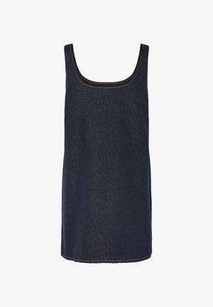 Mørkeblå denim tanktop med rund halsudskæring og symmetriske skulderstropper. Stoffet har en glat overflade med synlige sømme.