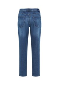 Jeans in denim blu scuro con taglio dritto, vita media, due tasche posteriori e sottili dettagli di sfumatura. Senza abbellimenti o motivi.