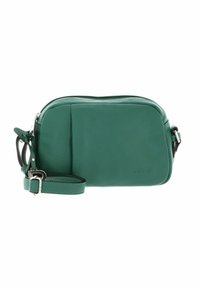 Sac en bandoulière en cuir teal avec une fermeture éclair, de forme rectangulaire et une bandoulière ajustable. Surface texturée avec un design minimaliste.
