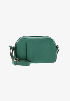Sac en bandoulière en cuir teal avec une fermeture éclair, de forme rectangulaire et une bandoulière ajustable. Surface texturée avec un design minimaliste.