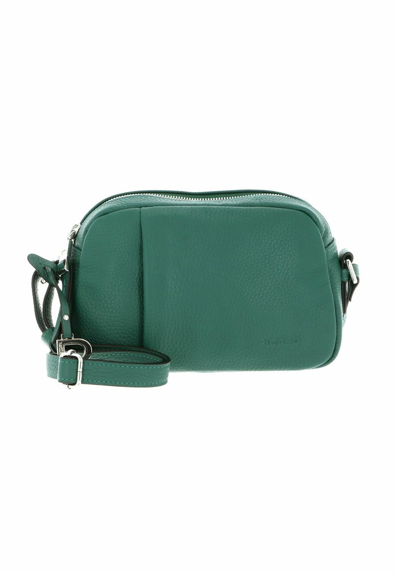Sac en bandoulière en cuir teal avec une fermeture éclair, de forme rectangulaire et une bandoulière ajustable. Surface texturée avec un design minimaliste.