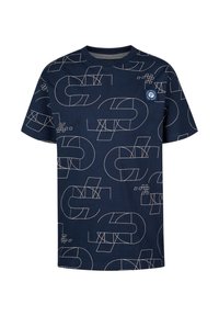 Camiseta de manga corta azul marino con patrones geométricos blancos, escote redondo y un pequeño parche de logo en el pecho. Material de algodón suave.