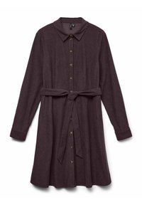 Robe en velours côtelé à manches longues, couleur violet foncé, avec un col, une fermeture à boutons à l'avant et une ceinture assortie à la taille.