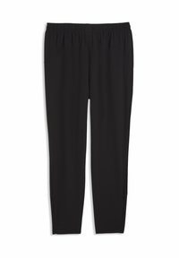 Μαύρο παντελόνι με ελαστική μέση και ίσια γραμμή, με πλαϊνές τσέπες, κατασκευασμένο από λείο ύφασμα, παρουσιάζεται σε λευκό φόντο.