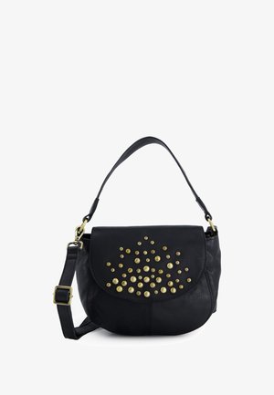 Black leather shoulder bag with a curved flap, adorned with gold studs in a graduated pattern. Features an adjustable strap and sleek design.