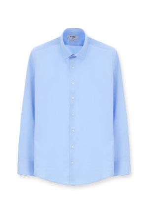 Hellblaues Langarmhemd aus glattem Stoff. Verfügt über einen spitzen Kragen, durchgehende Knopfleiste vorne und geraden Saum.