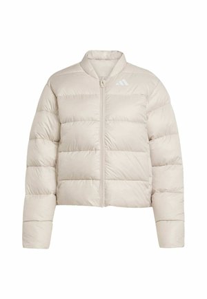 Světle béžová péřová bunda se zipem vpředu a zaobleným límcem, se malým logem na levé hrudi. Měkká, prošívaná textura.