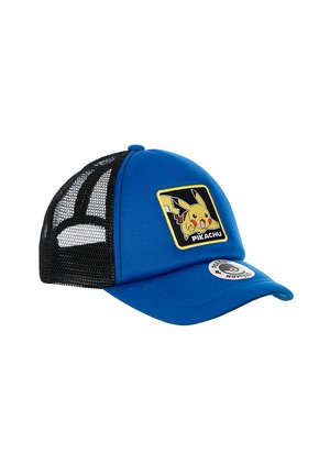 Blue and black mesh baseball cap with Pikachu patch on front and a round black-and-white sticker on the brim.