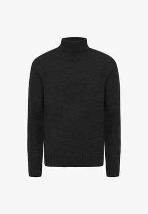 Schwarzer Rollkragenpullover mit geripptem Kragen und Bündchen, ausgestattet mit einem strukturierten Strickmuster und einer lockeren Passform.