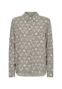 Camicia a maniche lunghe con un motivo geometrico nero su sfondo beige. Design con colletto, chiusura con bottoni e orlo curvo.