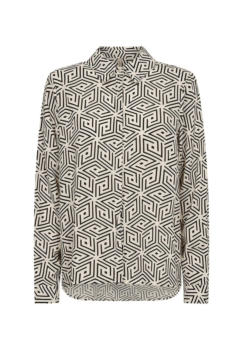 Camicia a maniche lunghe con un motivo geometrico nero su sfondo beige. Design con colletto, chiusura con bottoni e orlo curvo.