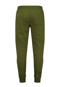 oliwkowe dresy wykonane z miękkiego materiału, z tylną kieszenią, elastycznym pasem w talii i dopasowanymi ściągaczami przy kostkach.