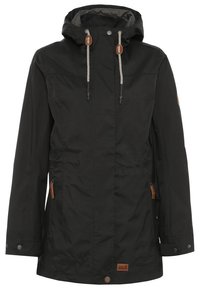 Black waterproof jacket with a hood, drawstring accents, and snap buttons. Features side pockets and leather tags for detail.