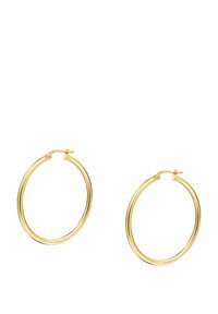 Une paire de boucles d'oreilles créoles en or poli avec des fermoirs à charnière sur un fond blanc.