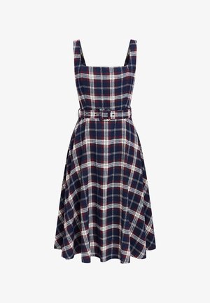 Marineblaues und weiß kariertes Kleid mit quadratischem Ausschnitt und ärmellosem Design; verfügt über eine taillierte Passform und einen ausgestellten Rock mit passendem Gürtel.