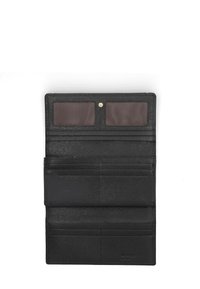 Black leather wallet with a textured finish, featuring two transparent ID slots, multiple card pockets, and a brass snap closure.